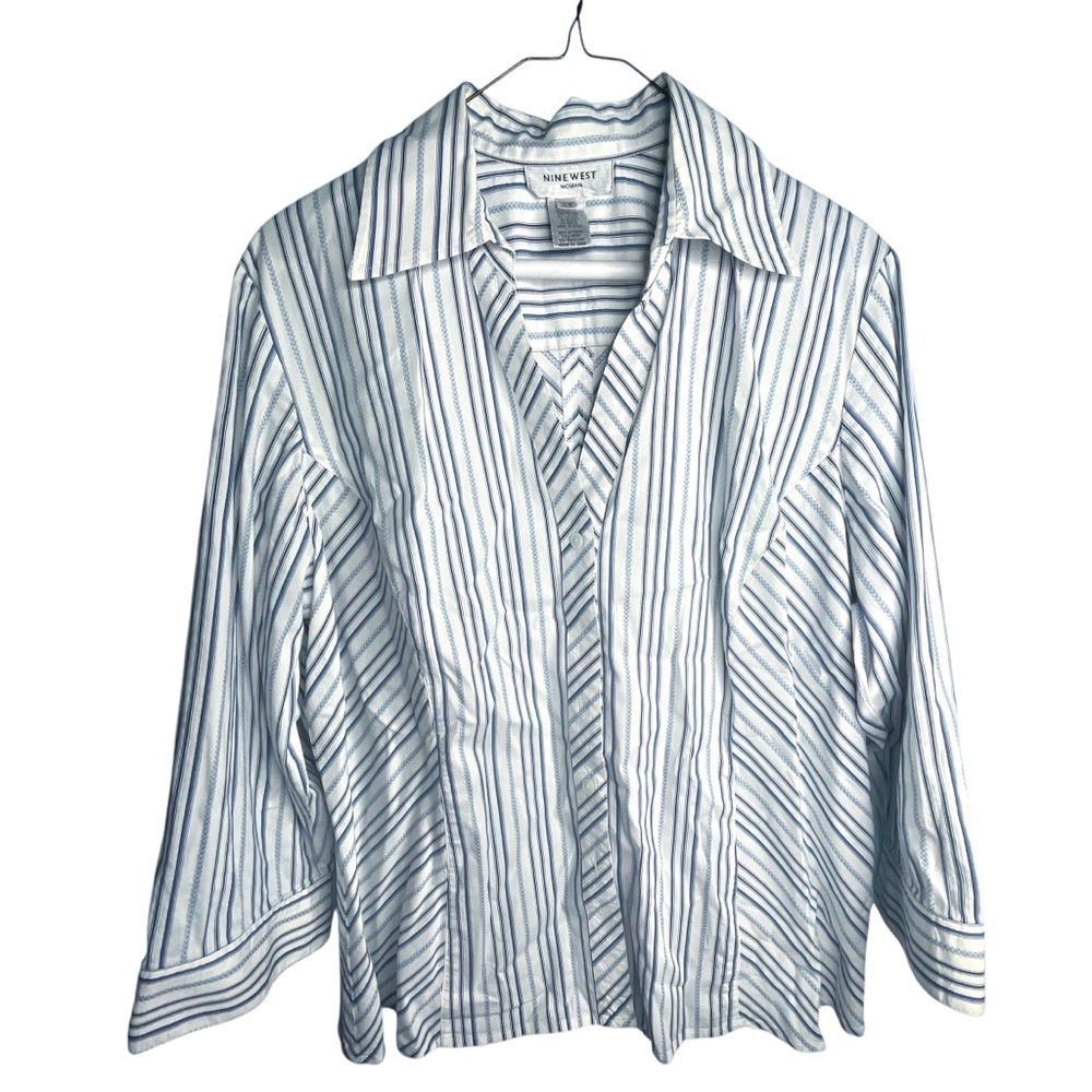 Nine West striped top button up blue and white Plus 16W